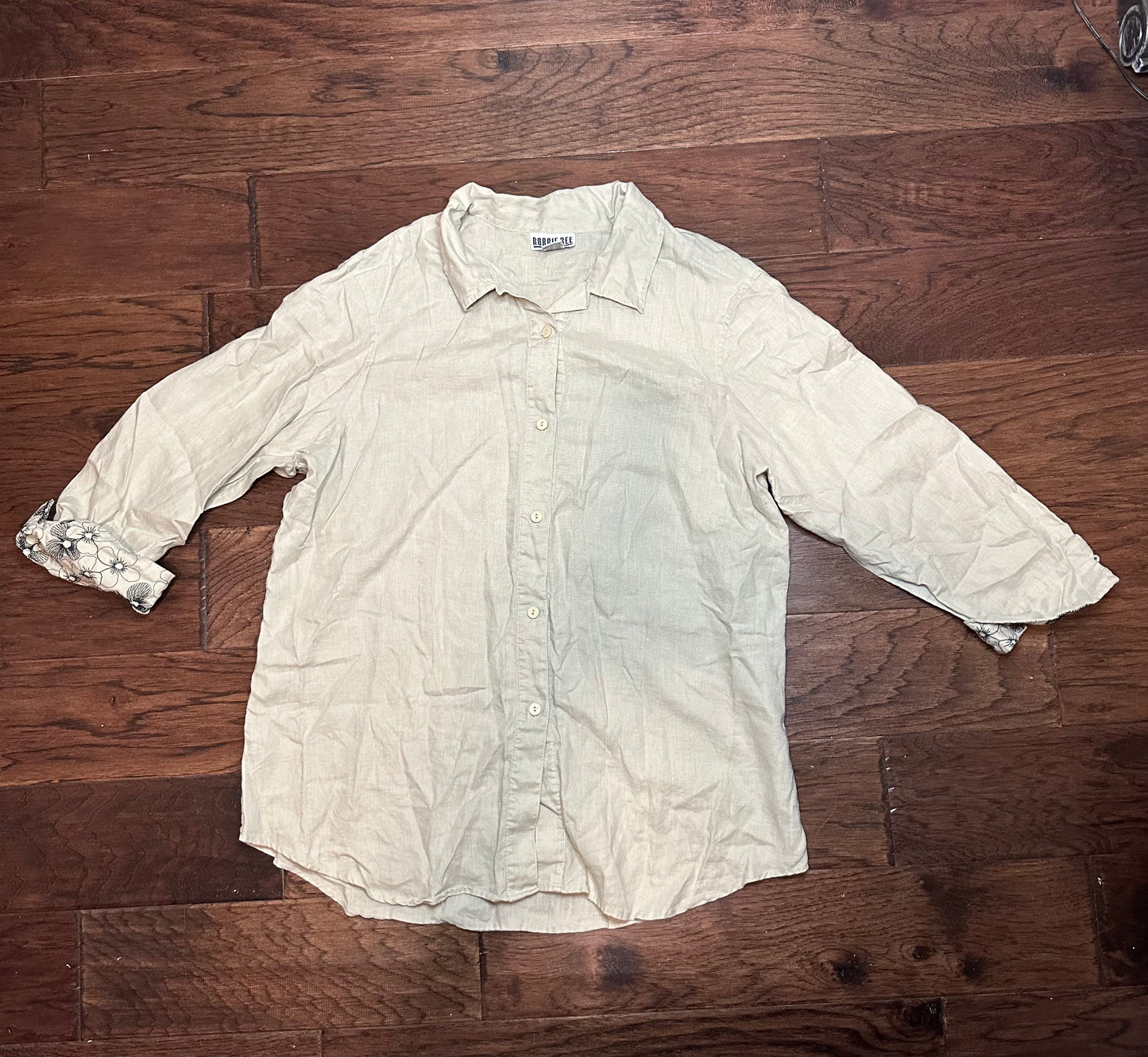 Robbie Bee Womens Linen Button Up Shirt Size 14 Beige Roll Up Floral