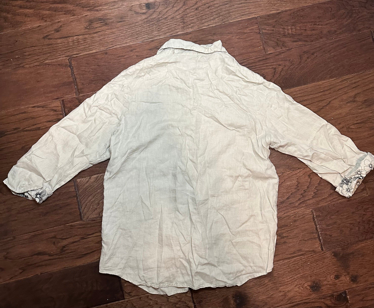 Robbie Bee Womens Linen Button Up Shirt Size 14 Beige Roll Up Floral